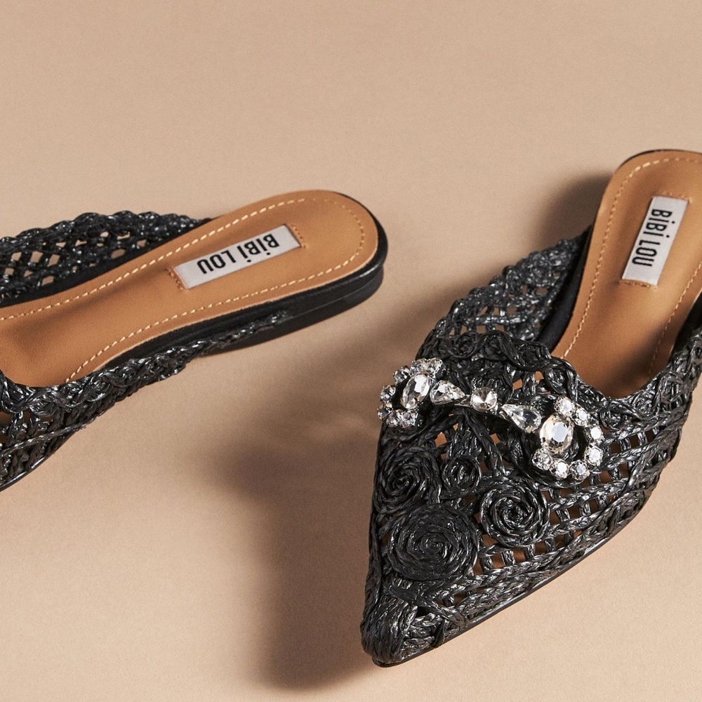 NWT BIBI Lou RAFFIA Embellished Mules 37 - Picture 2 of 3